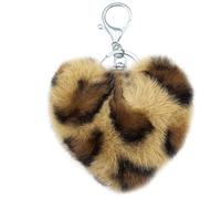 Xsclpomddy Pom Poms Keychain Fluffy Heart Shape Leopard Keyring Soft Plush Pendant Key Chain for Car Bag Charm,brown