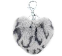Xsclpomddy Pom Poms Keychain Fluffy Heart Shape Leopard Keyring Soft Plush Pendant Key Chain for Car Bag Charm,gray