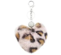 Xsclpomddy Pom Poms Keychain Pearl Rhinestone Heart Shape Leopard Keyring Soft Plush Pendant Key Chain Bag Charms,pink coffee