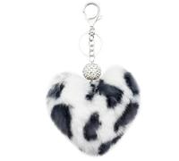 Xsclpomddy Pom Poms Keychain Pearl Rhinestone Heart Shape Leopard Keyring Soft Plush Pendant Key Chain Bag Charms,white