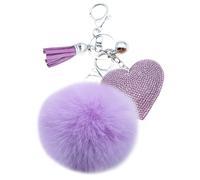 Xsclpomddy Pom Poms Keychains Fluffy Ball and Heart Shape Keyring Rhinestone Bling Pendant Key Chain for Car Bag Charms,purple