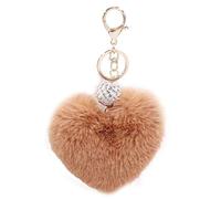 Xsclpomddy Pom Poms Keychains Fluffy Heart Pearl Rhinestone Keyring Plush Puff ball for Car Bag Charms,khaki
