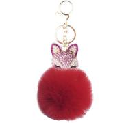 Xsclpomddy Pom Poms Keychains Fluffy Tote Pendant with Fox head Crystal Rhinestone Keyring for Car Bag Charms,rose red