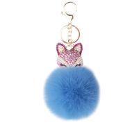 Xsclpomddy Pom Poms Keychains Fluffy Tote Pendant with Fox head Crystal Rhinestone Keyring for Car Bag Charms,rose light blue