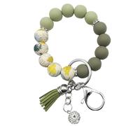 Xsclpomddy Silicone Beads Keychain Bracelet Wristlet Key Ring Bangle Chains with Tassel for Women,army green flower