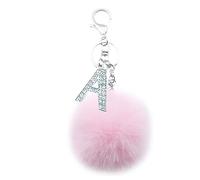 Xsclpomddy Silver Alphabet Keychain Artificial Fur Pink Pom Pom Rhinestone Crystal Letter Key Rings for Women,pink A