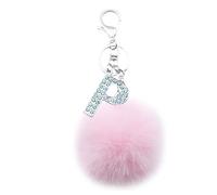 Xsclpomddy Silver Alphabet Keychain Artificial Fur Pink Pom Pom Rhinestone Crystal Letter Key Rings for Women,pink P