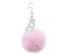 Xsclpomddy Silver Alphabet Keychain Artificial Fur Pink Pom Pom Rhinestone Crystal Letter Key Rings for Women,pink B
