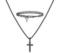 XSDSLS 2 Pcs Cross Bracelet Cross Necklace for Men Black Silver Cross Pendant with Box Chain Stainless Steel Cross Pendant Bracelet Birthday Jewellery Set Gift for Men Boys (Black)