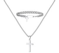 XSDSLS 2 Pcs Cross Bracelet Cross Necklace for Men Black Silver Cross Pendant with Box Chain Stainless Steel Cross Pendant Bracelet Birthday Jewellery Set Gift for Men Boys (Silver)