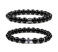 XSDSLS 2 Pcs Men's Beaded Bracelet 8MM Elastic Cross Bead Bracelet Natural Stone Bracelet Tiger Eye Bracelet Lava Stone Bracelet Gifts for Men (Gloss Black)