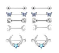 XSDSLS 5 Pairs Nipple Rings Set for Women,Stainless Steel Nipple Piercing,Cubic Zirconia Nipples Bar Tongue Rings Body Piercing Jewelry,Silver Barbell Nipplerings for Women Girls (Set2)
