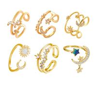 XSDSLS 6 PCS Star Moon Ring Set for Women Knuckle Ring Adjustable Open Ring Cubic Zirconia Finger Ring Star Moon Heart Ring Jewellery Gifts for Women Girls (Gold)