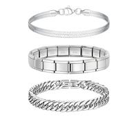 XSDSLS Mens Bracelets 3 Pcs Stainless Steel Silver Cuban Bracelet Italian Charm Bracelets Cuban Mens Bracelets Cuban link Bracelet Men Herringbone Bracelets for Men7.4/8.2/9 inch (3psc 23cm/9inch)