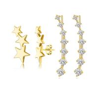 XSDSLS Star Earrings Ear Cuffs Hoop Climber Triple Star Stud Earrings Climber Earring Hypoallergenic Earring with Cubic Zirconia Tiny Starburst Climbers Cartilage Earrings for Girls (Gold)