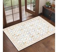 XSIVOD Floral Entryway Rug Indoor Door Mat, Small Washable Area Rugs for Kitchen Bathroom, Low Pile Vintage Rug, Non-Slip Bedroom Carpet for Front Door Entrance Welcome Mat, 60x90 cm, Beige/Lattice