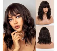 XSQD Short Black Brown Micro Roll Wigs for Women, Flat Bangs Curly Wig, Full Head Breathable Mesh Cap Wigs, Short Synthetic Fiber Bob Wig, Suitable for Daily, Parties, and Role-Playing Use