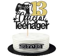Xsstarmi 1 Pack 13 Official Teenager Cake Topper Star Glitter Controller Video Game Theme Cake Pick for Cheers To 13 Years Old Kids Teenagers Happy 13th Birthday Party Cake Decorations Black Gold