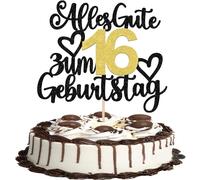Xsstarmi 1 Pack 16th Birthday Cake Topper Black Gold Glitter Happy 16th Birthday Decoration 16th Birthday Cake Toppers for 16th Anniversary Theme Parties Decoration