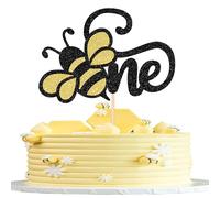 Xsstarmi 1 Pack Bee One Cake Topper Glitter Bumble Bee Cake Pick Oh Bee 1st Birthday Cake Decorations for Bee Theme Baby Shower 1st Birthday Party Cake Supplies