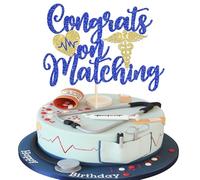 Xsstarmi 1 Pack Congrats on Matching Cake Topper Glitter Happy Match Day Cake Pick Decors for Medical School Graduation Match Day Residency Party Cake Decorations Blue