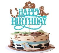 Xsstarmi 1 Pack Cowboy Cake Topper Blue Glitter Boots Cowboy Hat Horse Gun Cake Pick for Western Theme Baby Shower Kids Boys Birthday Party Cake Decorations Supplies