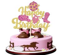 Xsstarmi 1 Pack Cowgirl Happy Birthday Cake Topper Glitter Western Cowgirl Birthday Cake Pick Hat Boot Disco Cowgirl Cake Decorations for Western Cowgirl Rodeo Theme Girls Birthday Party Supplies Gold