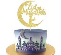 Xsstarmi 1 Pack Eid Mubarak Cake Topper Glitter Gold Moon Eid Ramadan Hajj Mubarak Eid Festival Cake Pick Decoration for Eid Mubarak Ramadam Kareem Party Cake Decorations