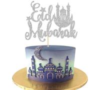 Xsstarmi 1 Pack Eid Mubarak Cake Topper Glitter Hajj Mubarak Eid Cake Pick Islamic Muslim Cake Decorations for Eid Mubarak Festival Ramadam Kareem Party Supplies Silver