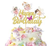Xsstarmi 1 Pack Fairy Happy Birthday Cake Topper Glitter Gold Magic Garden Fairy Cake Pick Decoration for Fairy Theme Happy Birthday Baby Shower Party Cake Decorations Supplies