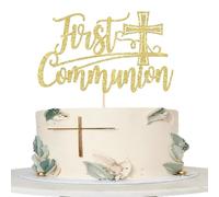 Xsstarmi 1 Pack First Communion Cake Topper Gold Glitter Cross God Bless This Child Cake Pick for Christian Baptism Baby Shower Bithday Party Cake Decorations Supplies