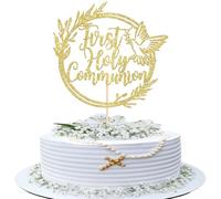 Xsstarmi 1 Pack First Communion Cake Topper Gold Grass Circle Glitter Dove God Bless Cake Pick for Christian Baptism Baby Shower Bithday Party Cake Decorations Supplies