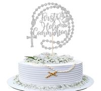 Xsstarmi 1 Pack First Communion Cake Topper Silver Cross Glitter Dove God Bless Theme Cake Pick for Christian Baptism Baby Shower Bithday Party Cake Decorations Supplies