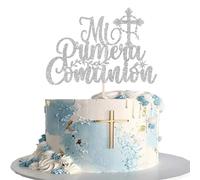 Xsstarmi 1 Pack First Communion Cake Topper Silver Cross Glitter Spanish Mi Primera Comunión Cake Pick for God Bless Christian Baptism Baby Shower Bithday Party Cake Decorations