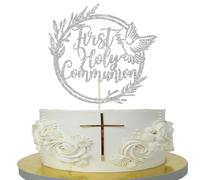 Xsstarmi 1 Pack First Communion Cake Topper Silver Grass Circle Glitter Dove God Bless Cake Pick for Christian Baptism Baby Shower Bithday Party Cake Decorations Supplies