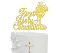 Xsstarmi 1 Pack First Holy Communion Cake Topper Christian Baptism Cake Picks Religious God Bless Baby Shower Kids Birthday Cake Decorations for Wedding Baptism Christening Party Supplies Gold