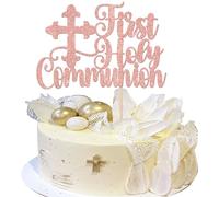 Xsstarmi 1 Pack First Holy Communion Cake Topper Glitter Cross Cake Pick Christian Baby Baptism Cake Decorations for God Bless Baby Shower Birthday Party Supplies Rose Gold