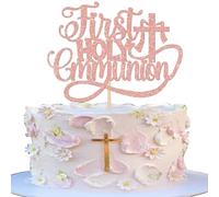 Xsstarmi 1 Pack First Holy Communion Cake Topper Glitter Cross God Bless Cake Pick for Baptism Theme Baby Shower First Communion Party Cake Decorations Supplies Rose Gold