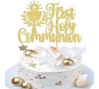 Xsstarmi 1 Pack First Holy Communion Cake Topper Glitter Religious Christian Baptism Cake Pick for God Bless Baptism Baby Shower Birthday Party Cake Decorations Supplies Gold