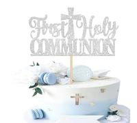 Xsstarmi 1 Pack First Holy Communion Cake Topper Glitter Silver Cross God Bless Cake Pick for Religious Christian Baptism Baby Shower Birthday Party Cake Decorations Supplies