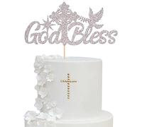Xsstarmi 1 Pack God Bless Cake Topper Glitter Dove Cross Baptism Cake Picks First Holy Communion Cake Decorations for Religious God Bless This Child Baby Shower Kids Birthday Party Supplies Silver