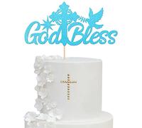 Xsstarmi 1 Pack God Bless Cake Topper Glitter Dove Cross Baptism First Communion Cake Picks for Christening Religious God Bless This Child Baby Shower Kids Birthday Party Cake Decorations Blue
