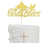 Xsstarmi 1 Pack God Bless Cake Topper Glitter Dove Cross Baptism First Communion Cake Picks for Christening Religious God Bless This Child Baby Shower Kids Birthday Party Cake Decorations Gold