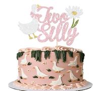 Xsstarmi 1 Pack Goose Theme Happy 2nd Birthday Cake Topper Daisy Glitter Farm Animal Theme BDAY Cake Pick for Baby Shower Boys Girls Kids 2nd Birthday Party Cake Decorations Supplies Pink