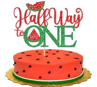 Xsstarmi 1 Pack Half Way to One Cake Topper Red Green Glitter 1/2 Watermelon Cake Pick for Half a year old Happy 6 Month Birthday Party Cake Decorations Supplies