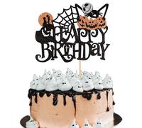 Xsstarmi 1 Pack Halloween Happy Birthday Cake Topper Glitter Jack and Sally Ghost Cake Pick Pumpkin Spider Web Cake Decorations for Halloween Theme Baby Shower Birthday Party Supplies