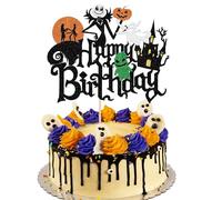 Xsstarmi 1 Pack Halloween Happy Birthday Cake Topper Halloween Party Cake Decoration Jack and Sally Ghost House Pumpkin Bat Witch Cake Pick for Halloween Theme Baby Shower Birthday Party Decorations