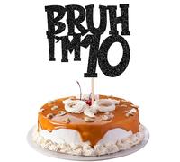 Xsstarmi 1 Pack Happy 10th Birthday Cake Topper Black Glitter Bruh I'm 10 Bro It's My 10th Birthday Cake Pick for Cheers to 10 Years Birthday Party Cake Decorations Supplies