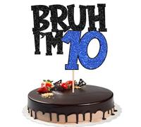 Xsstarmi 1 Pack Happy 10th Birthday Cake Topper Glitter Bruh I'm 10 Bro It's My 10th Birthday Cake Pick for Cheers to 10 Years Birthday Party Cake Decorations Supplies Black Blue