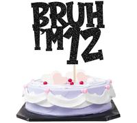 Xsstarmi 1 Pack Happy 12th Birthday Cake Topper Black Glitter Bruh I'm 12 Bro It's My 12th Birthday Cake Pick for Cheers to 12 Years Birthday Party Cake Decorations Supplies